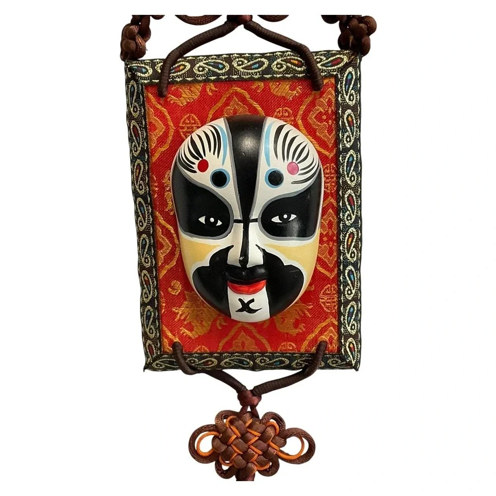 Chinese Opera Mask‎ Wall Hanging Decor with Tassel Fabric Frame